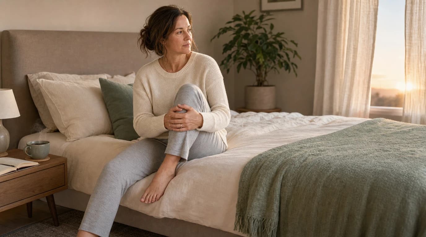 A woman gently pulling her knee to her chest in bed first thing in the morning
