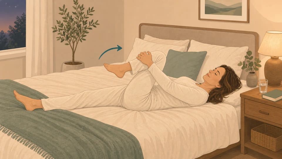 Illustration of Emma doing a knee-to-chest hug on a bed