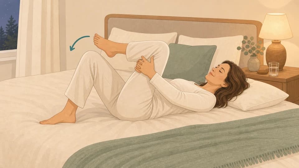 Illustration of Emma doing a reclining figure-4 stretch on a bed