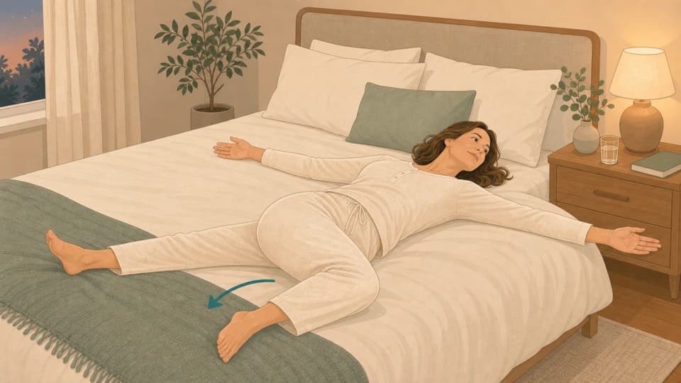 Illustration of Emma doing a reclining spinal twist on a bed