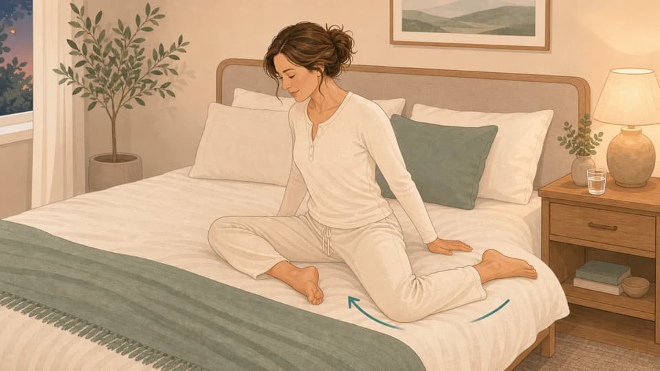 Illustration of Emma doing a seated 90/90 hip stretch on a bed