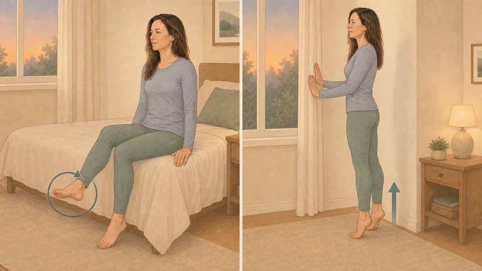 Two-panel illustration of Emma doing ankle circles and supported wall calf raises