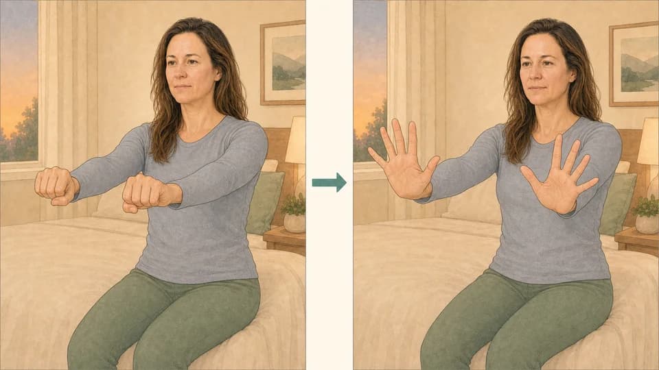 Two-panel illustration of Emma opening soft fists into a wide finger fan