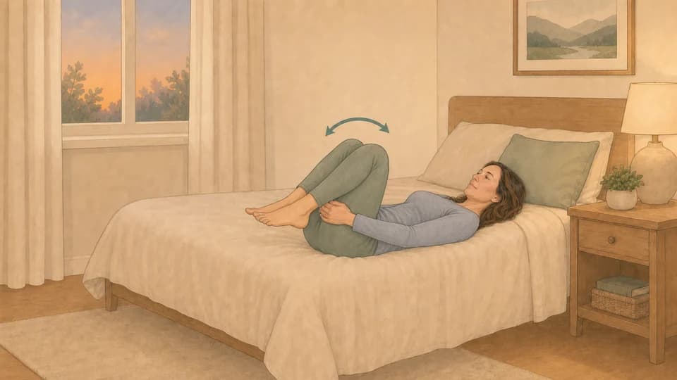 Illustration of Emma lying on a bed doing a gentle knees-to-chest rock