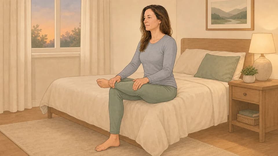Illustration of Emma doing a seated figure-4 stretch on the edge of a bed