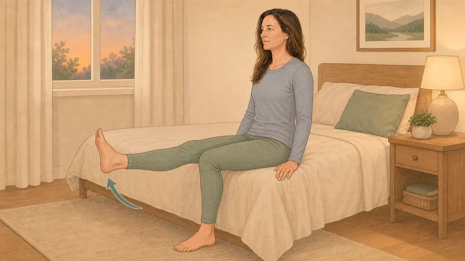 Illustration of Emma doing a seated knee extension on the edge of a bed