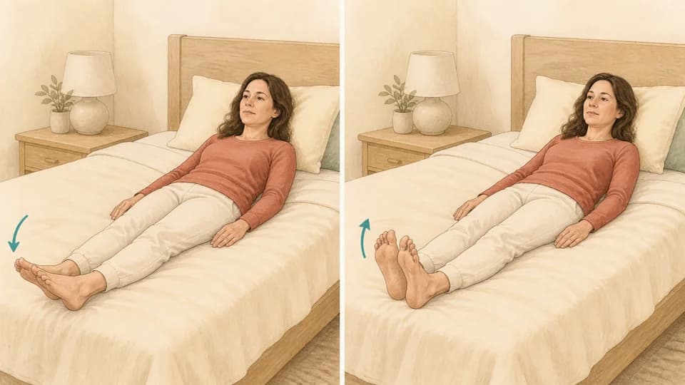 Two-panel illustration of Emma pointing and flexing both feet while lying in bed