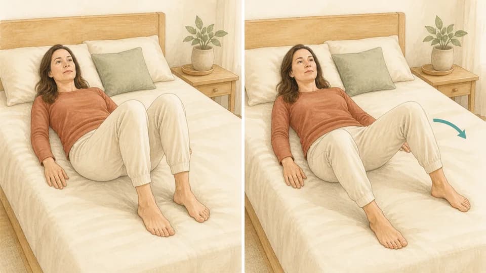 Two-panel illustration of Emma letting one bent knee move gently outward while lying in bed
