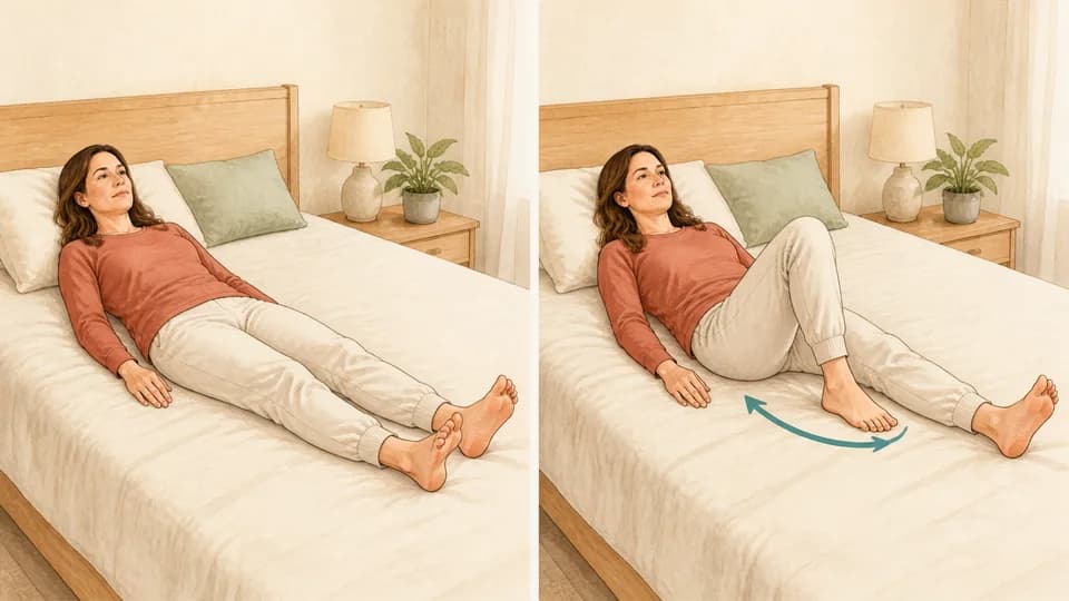 Two-panel illustration of Emma sliding one heel toward her body on the bed