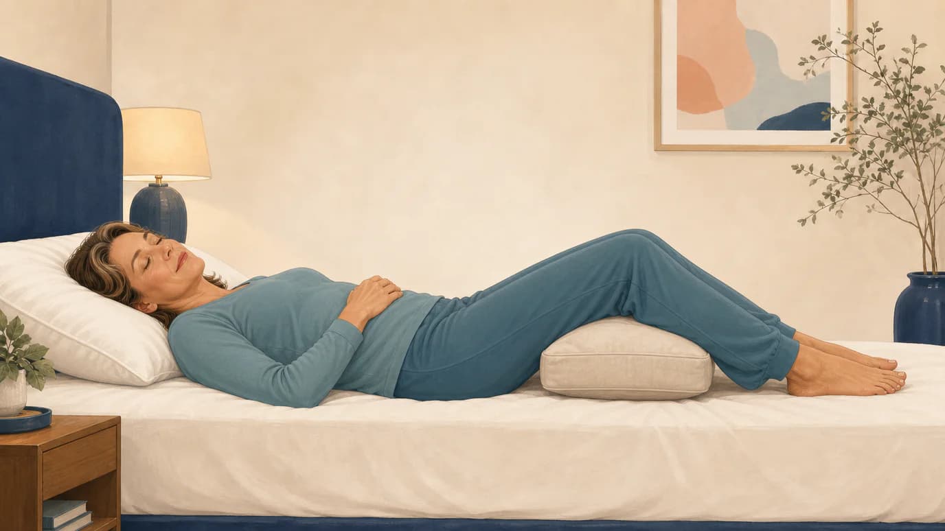 Woman sleeping on her back with a small pillow supporting both knees
