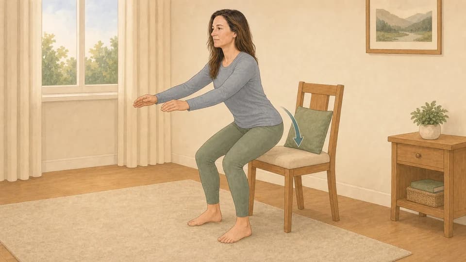 Illustration of Emma lowering slowly toward a chair during a sit-to-stand
