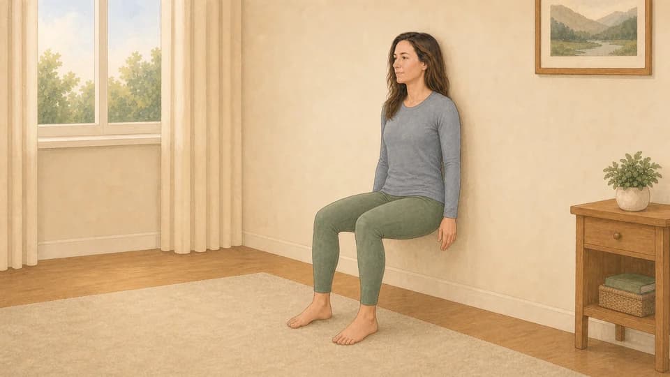 Illustration of Emma holding a comfortable wall sit with both feet flat