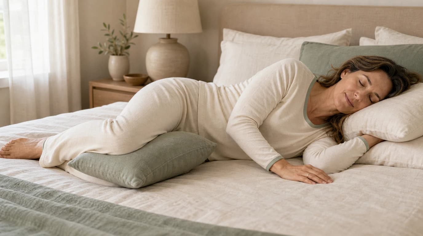 A woman lying on her side in bed with a pillow between her knees to ease hip pain