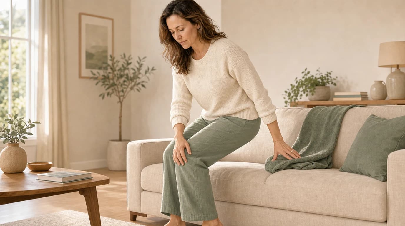 A woman standing up from a sofa, hand on her knee, looking at the joint